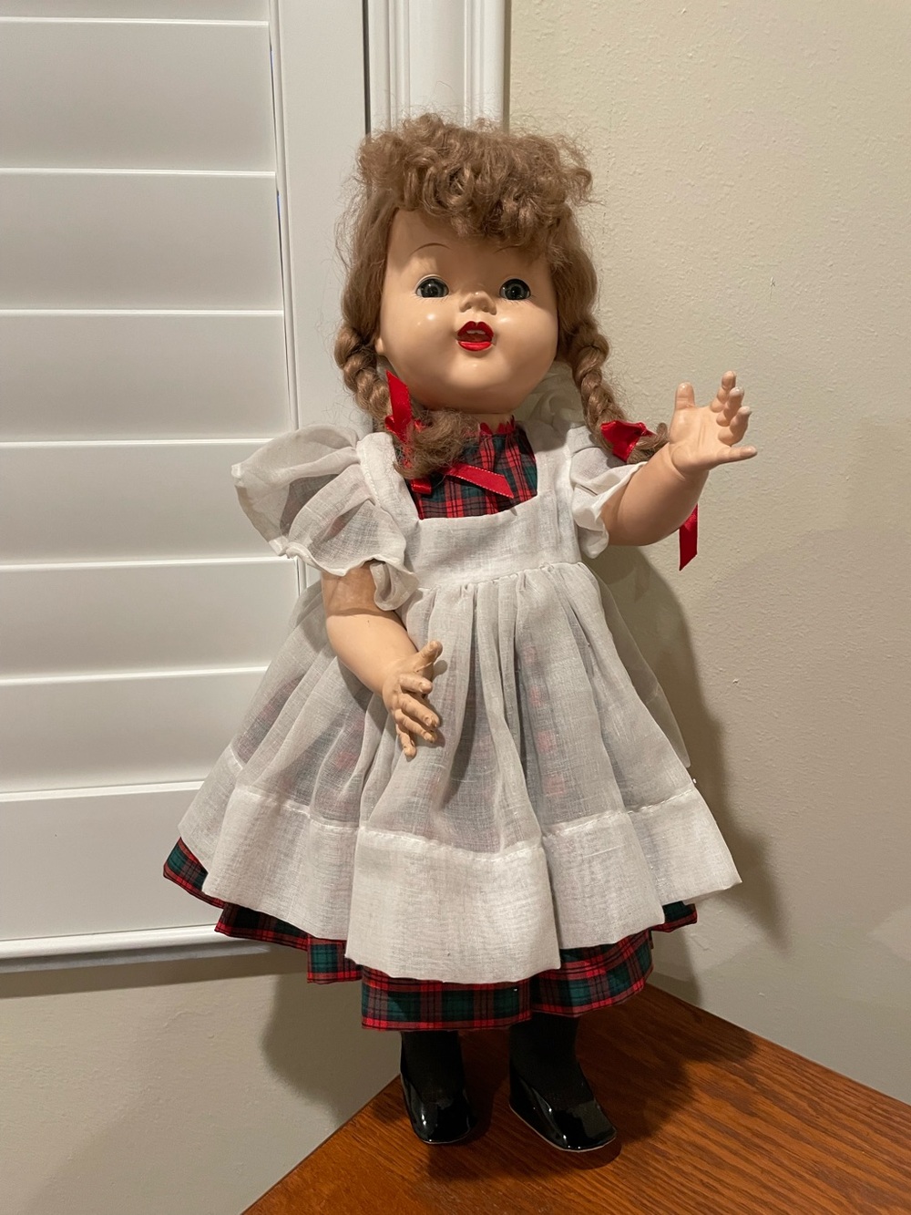 “Saucy Walker”Doll in plaid dress with White Pinafore and Red Accents